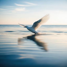 A serene scene of wings floating on the surface of a calm ocean, with gentle waves and a clear sky