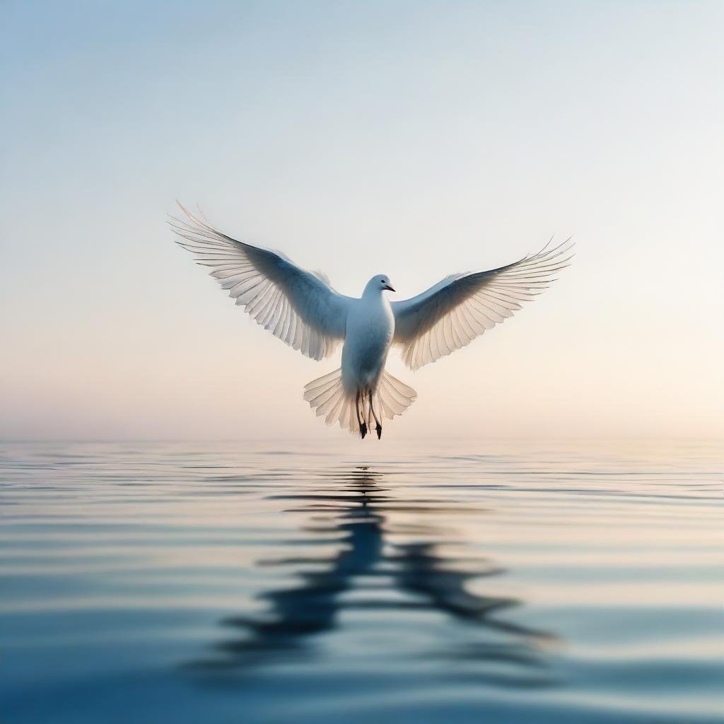 A serene scene of wings floating on the surface of a calm ocean, with gentle waves and a clear sky