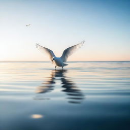 A serene scene of wings floating on the surface of a calm ocean, with gentle waves and a clear sky