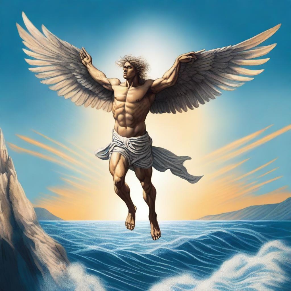 An evocative illustration of Icarus falling towards the ocean, his wings disintegrating as he plummets from the sky