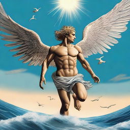 An evocative illustration of Icarus falling towards the ocean, his wings disintegrating as he plummets from the sky