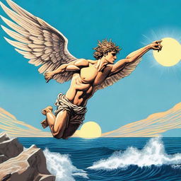 An evocative illustration of Icarus falling towards the ocean, his wings disintegrating as he plummets from the sky