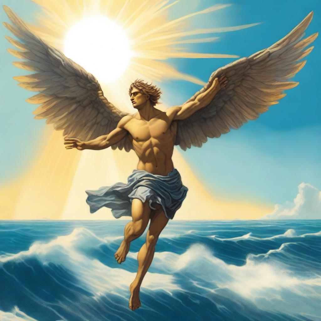 An evocative illustration of Icarus falling towards the ocean, his wings disintegrating as he plummets from the sky