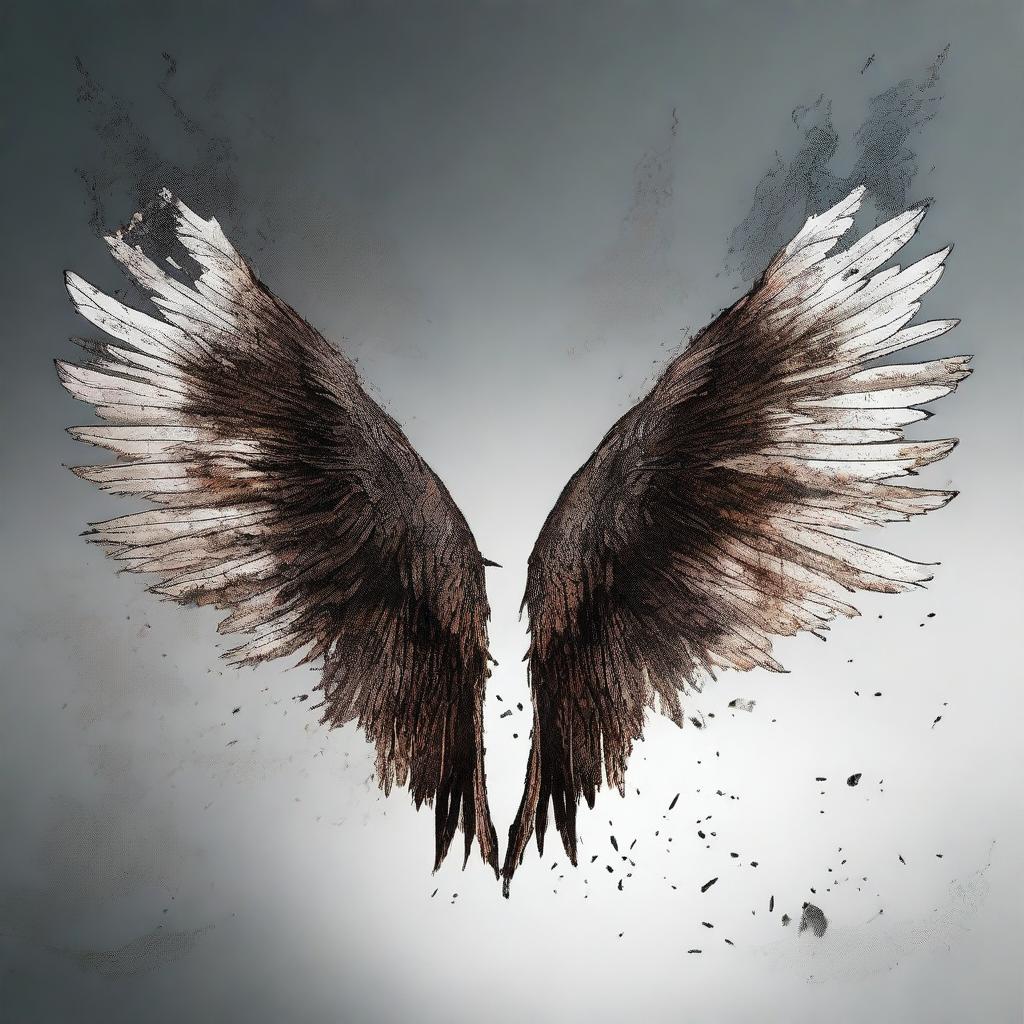 A detailed illustration of singed wings, partially burnt with feathers blackened and charred