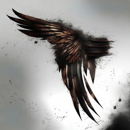 A detailed illustration of singed wings, partially burnt with feathers blackened and charred