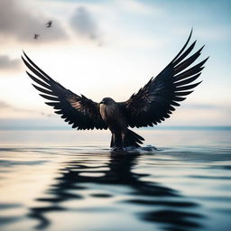 A poignant scene of singed wings floating on the surface of a calm ocean