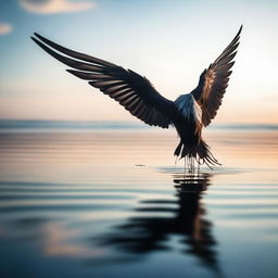 A poignant scene of singed wings floating on the surface of a calm ocean