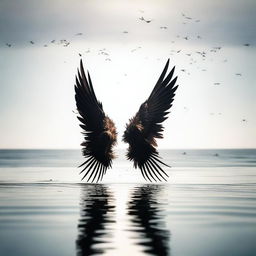 A poignant scene of singed wings floating on the surface of a calm ocean