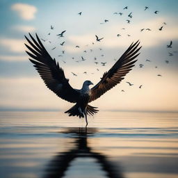 A poignant scene of singed wings floating on the surface of a calm ocean