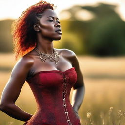 An African woman, around 40 years old, wearing a glamorous red and brown corset that is open at the chest, posing semi-nude in a meadow full of flowers at sunset during the golden hour