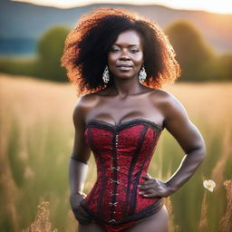 An African woman, around 40 years old, wearing a glamorous red and brown corset that is open at the chest, posing semi-nude in a meadow full of flowers at sunset during the golden hour