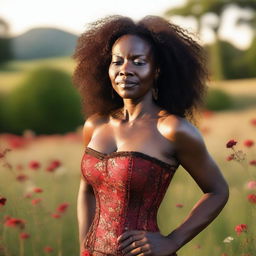 An African woman, around 40 years old, wearing a glamorous red and brown corset that is open at the chest, posing semi-nude in a meadow full of flowers at sunset during the golden hour