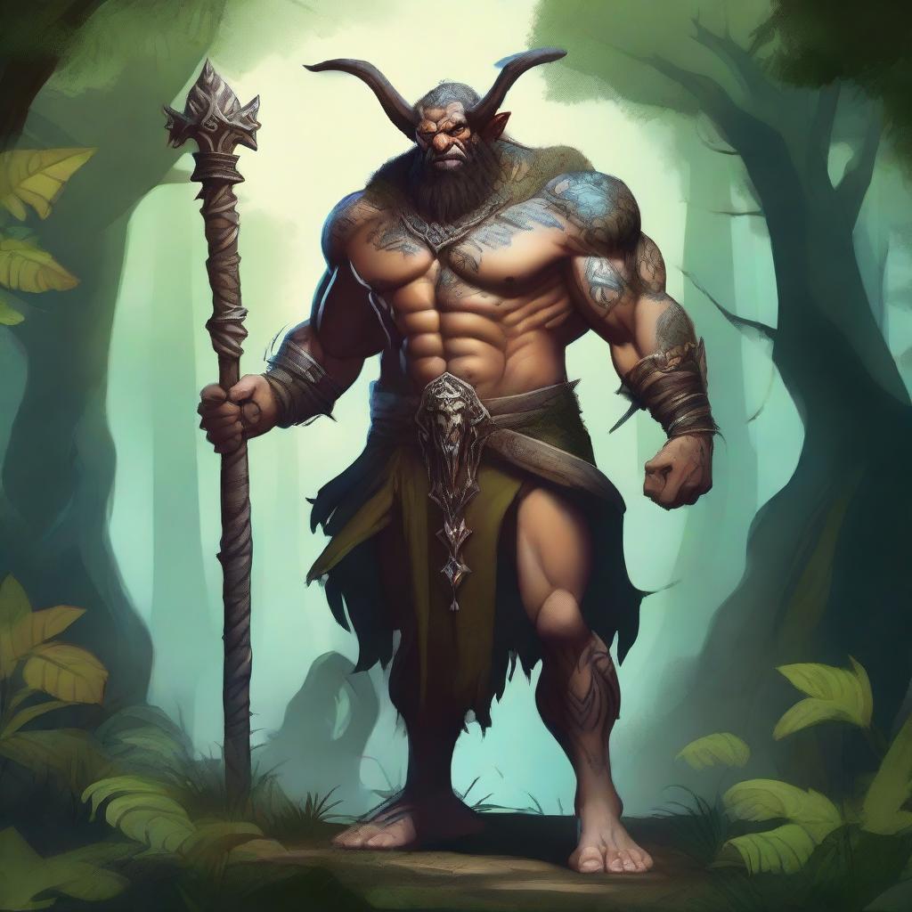 Create an image of a Goliath sorcerer with a friendly attitude in a fantasy style