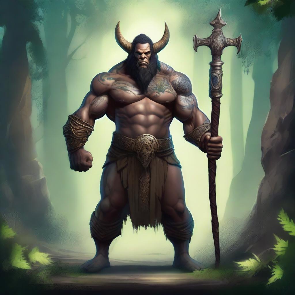 Create an image of a Goliath sorcerer with a friendly attitude in a fantasy style