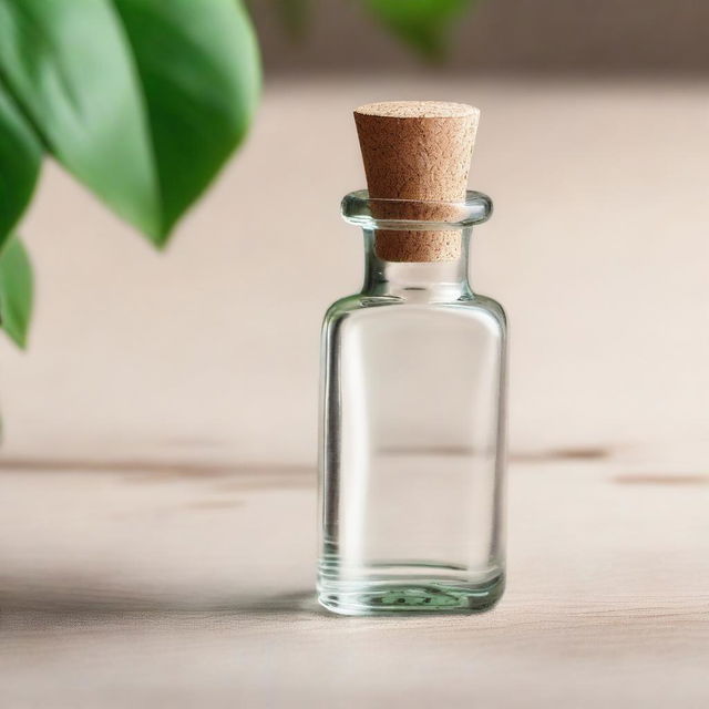 A tiny glass bottle with a cork stopper