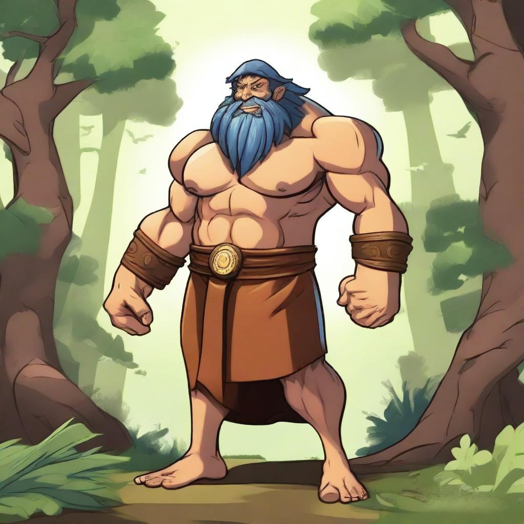 A Goliath sorcerer with a friendly attitude, illustrated in a fantasy cartoon style