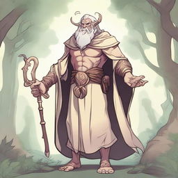 A Goliath sorcerer with a friendly attitude, illustrated in a fantasy style with light colours