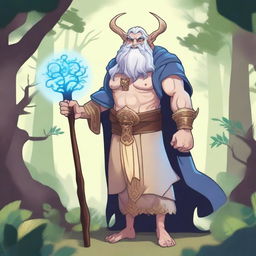 A Goliath sorcerer with a friendly attitude, illustrated in a fantasy style with light colours