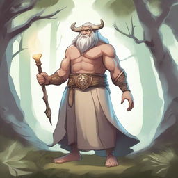 A Goliath sorcerer with a friendly attitude, illustrated in a fantasy style with light colours