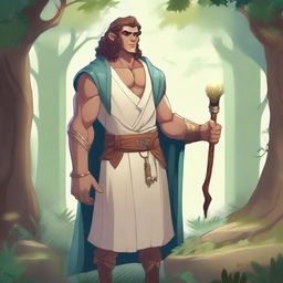 A youthful Goliath sorcerer with a friendly attitude, illustrated in a fantasy style with light colours