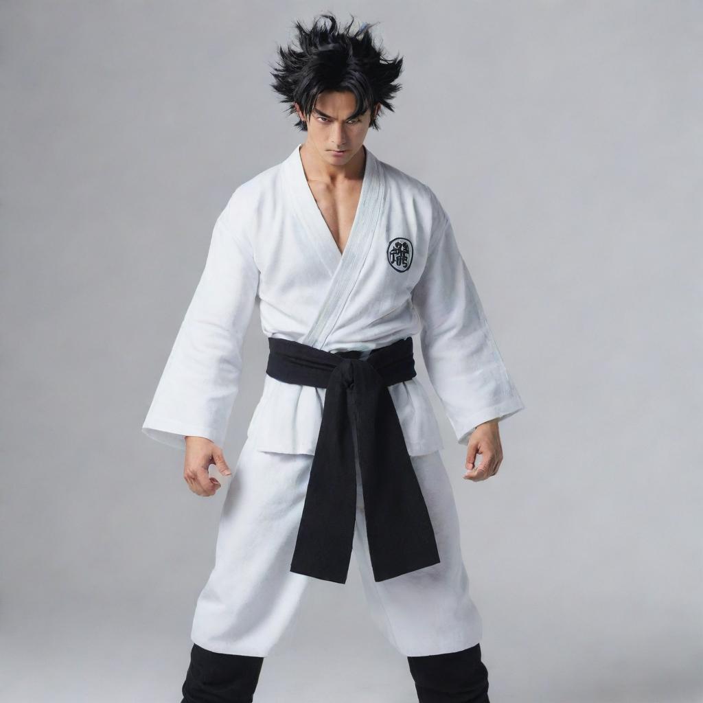 A samurai dressed in a white robe with a black stripe down the middle, matching pants, displaying Goku's Ultra Instinct hair, and wielding Zoro's three swords.