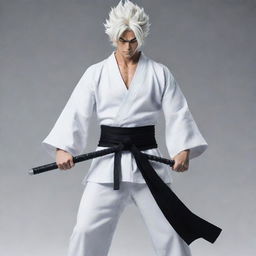 A samurai dressed in a white robe with a black stripe down the middle, matching pants, displaying Goku's Ultra Instinct hair, and wielding Zoro's three swords.