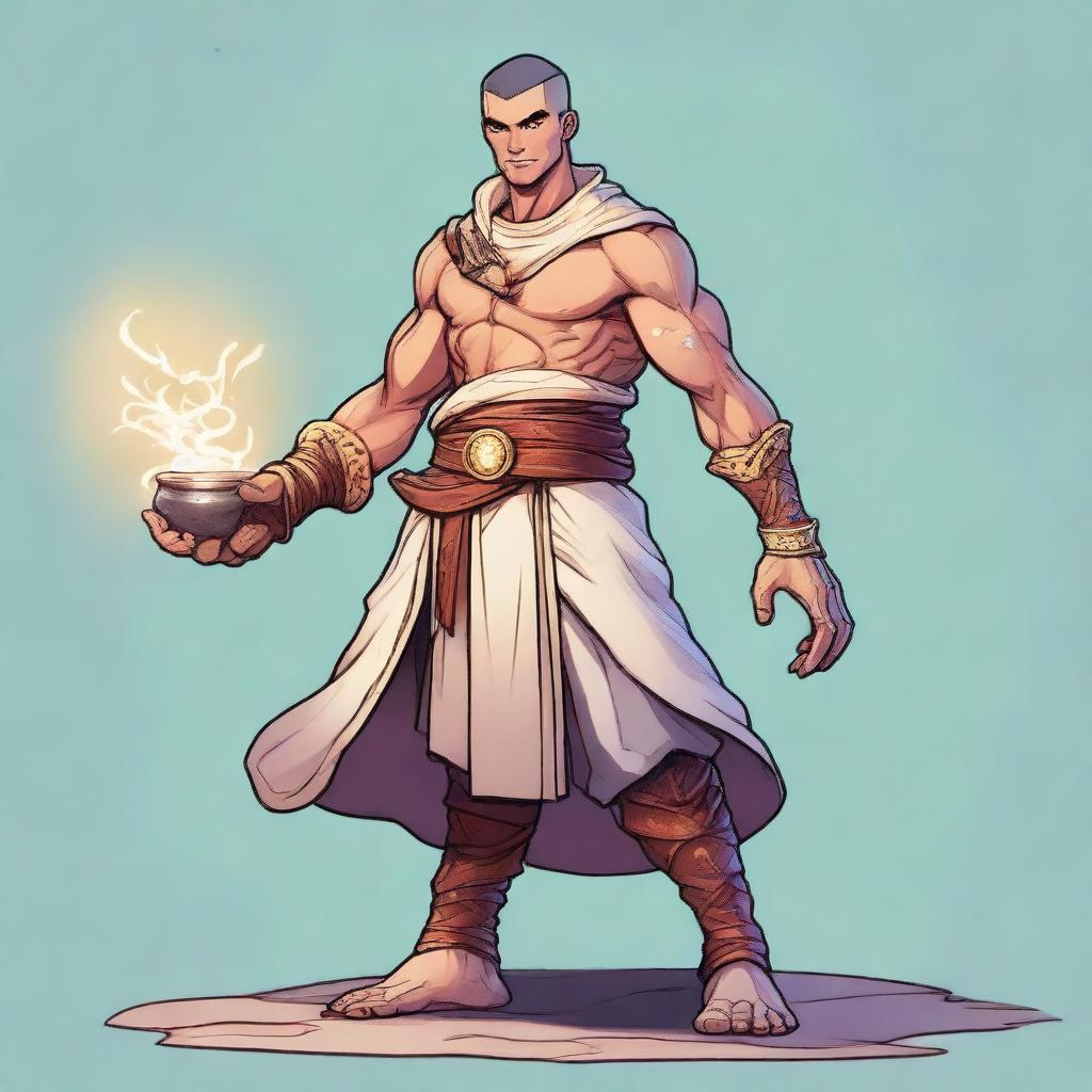 A youthful Goliath sorcerer from the D&D universe with a friendly attitude, illustrated in a fantasy style with light colours