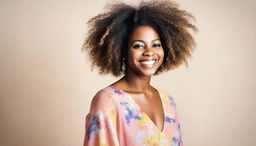 A portrait of a black woman with natural hair, wearing a vibrant dress, and smiling warmly