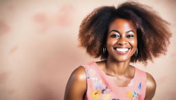 A portrait of a black woman with natural hair, wearing a vibrant dress, and smiling warmly