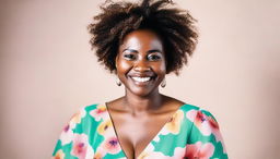 A portrait of a black woman with natural hair, wearing a vibrant dress, and smiling warmly