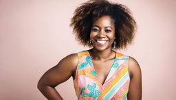 A portrait of a black woman with natural hair, wearing a vibrant dress, and smiling warmly