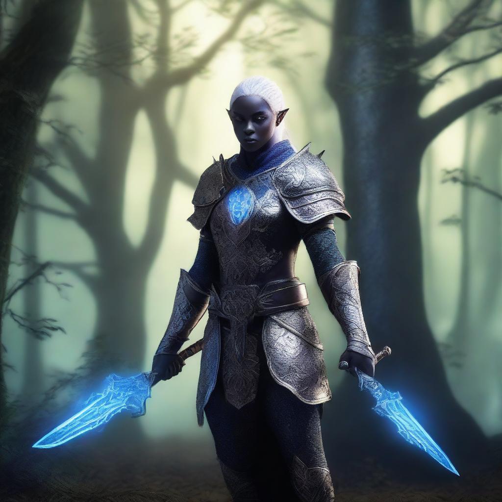 A drow elf paladin standing valiantly in a mystical forest, clad in ornate armor with a glowing sword