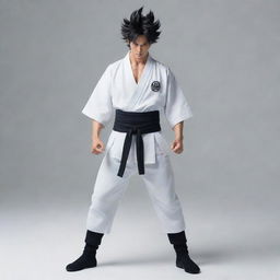 A samurai dressed in a white robe with a black stripe down the middle, matching pants, displaying Goku's Ultra Instinct hair, and wielding Zoro's three swords.