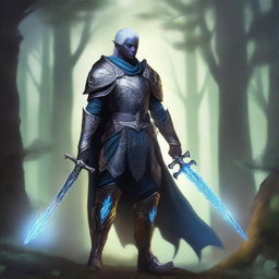 A drow elf paladin standing valiantly in a mystical forest, clad in ornate armor with a glowing sword