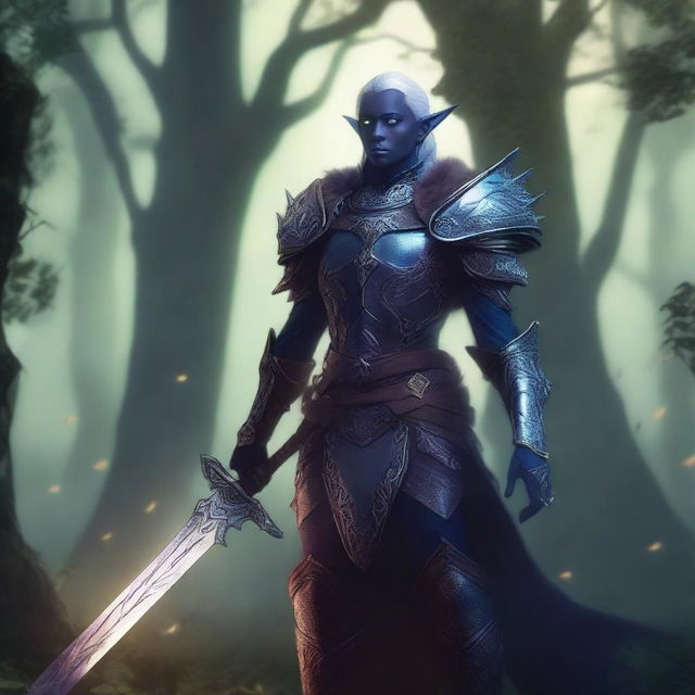 A drow elf paladin standing valiantly in a mystical forest, clad in ornate armor with a glowing sword