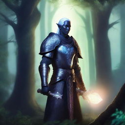 A drow elf paladin standing valiantly in a mystical forest, clad in ornate armor with a glowing sword