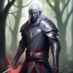 A drow elf paladin with slightly lighter skin in gray tones, red eyes, and somewhat messier hair