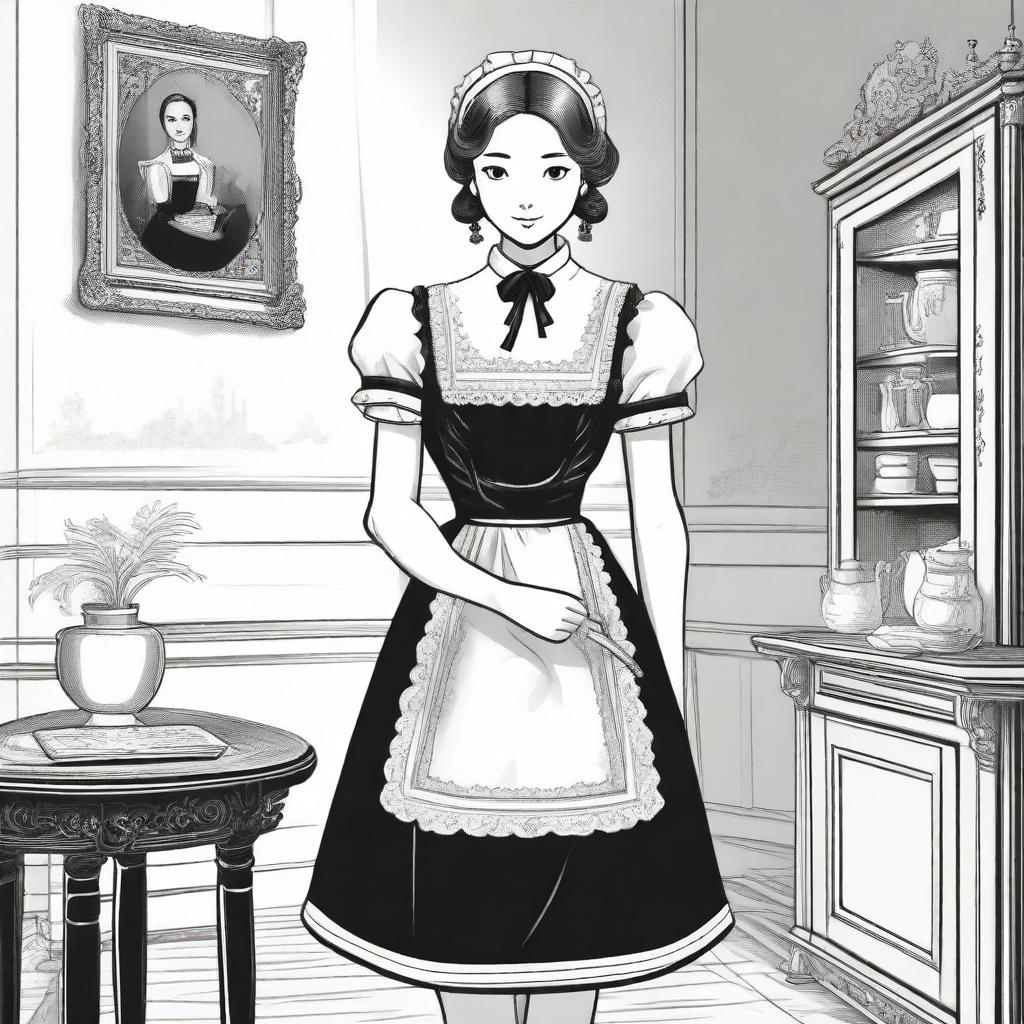 A detailed illustration of a maid in traditional attire, featuring a classic black and white uniform with an apron