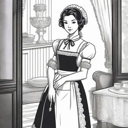 A detailed illustration of a maid in traditional attire, featuring a classic black and white uniform with an apron