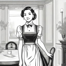 A detailed illustration of a maid in traditional attire, featuring a classic black and white uniform with an apron