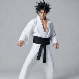 A samurai dressed in a white robe with a black stripe down the middle, matching pants, displaying Goku's Ultra Instinct hair, and wielding Zoro's three swords.