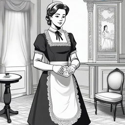 A detailed illustration of a maid in traditional attire, featuring a classic black and white uniform with an apron