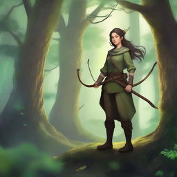 A female teenager ranger, embodying the fey wanderer archetype, stands in the mystical Silvanus forest