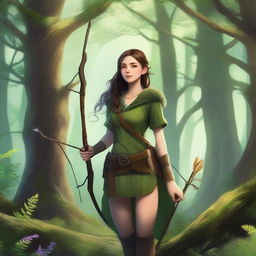 A female teenager ranger, embodying the fey wanderer archetype, stands in the mystical Silvanus forest