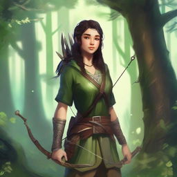 A female teenager ranger, embodying the fey wanderer archetype, stands in the mystical Silvanus forest