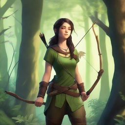 A female teenager ranger, embodying the fey wanderer archetype, stands in the mystical Silvanus forest