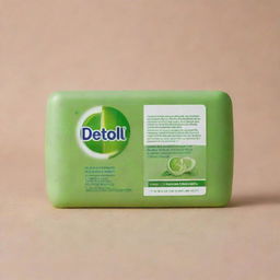 A portrait of a Dettol soap bar with notable details highlighting its fresh and clean look