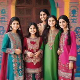 A group of Pakistani girls wearing traditional clothing, standing together and smiling