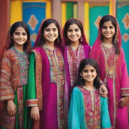 A group of Pakistani girls wearing traditional clothing, standing together and smiling