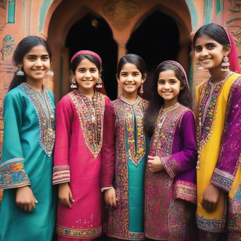 A group of Pakistani girls wearing traditional clothing, standing together and smiling